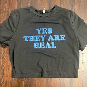 Women’s Black Crop Top with Blue Text